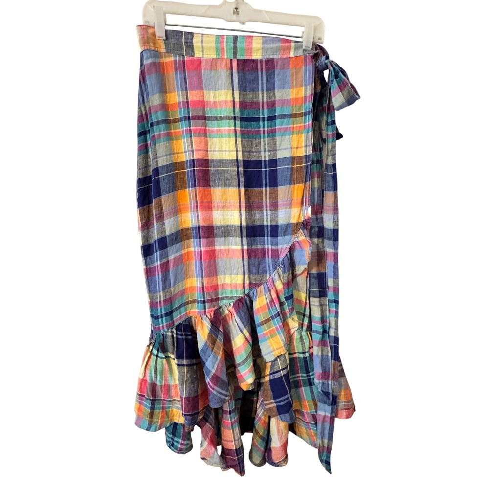 Polo Ralph Lauren Madras Linen Wrap Skirt Multicolor Plaid Ruffle High Low 14 - Picture 2 of 10